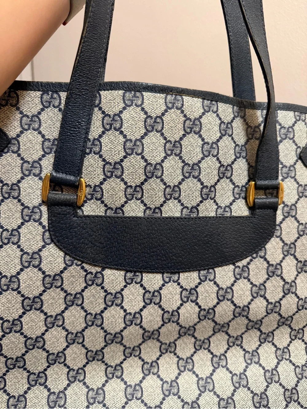 Gucci Vintage Navy Blue and Beige GG Canvas Tote